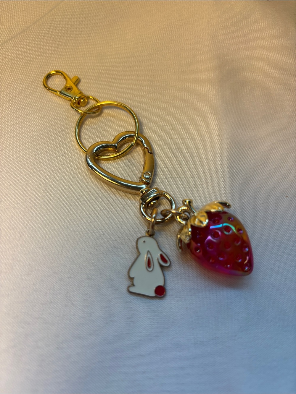 NWT Kawaii Strawberry Bunny Bag Charm Keychain Gold Heart Clasp